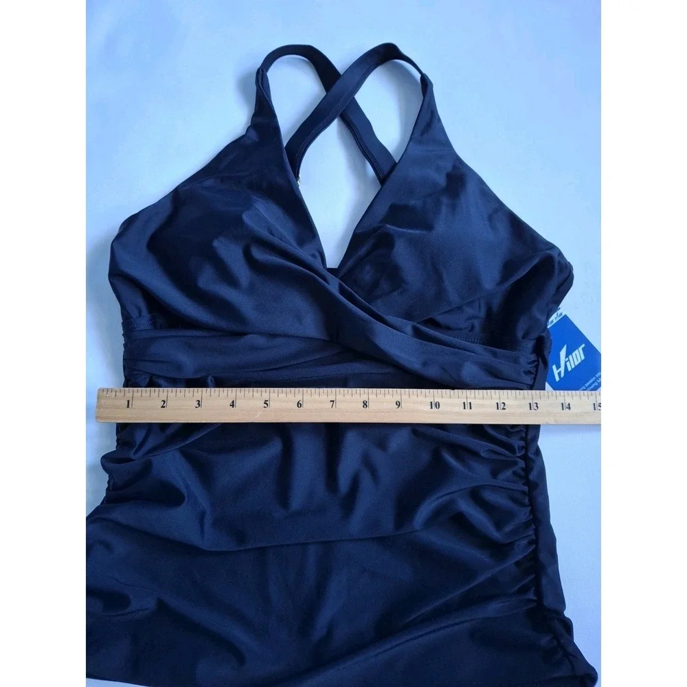 HlLOR Swim Top Tankini Ruched Shelf Bra Adjustable Straps  Size 10 Black